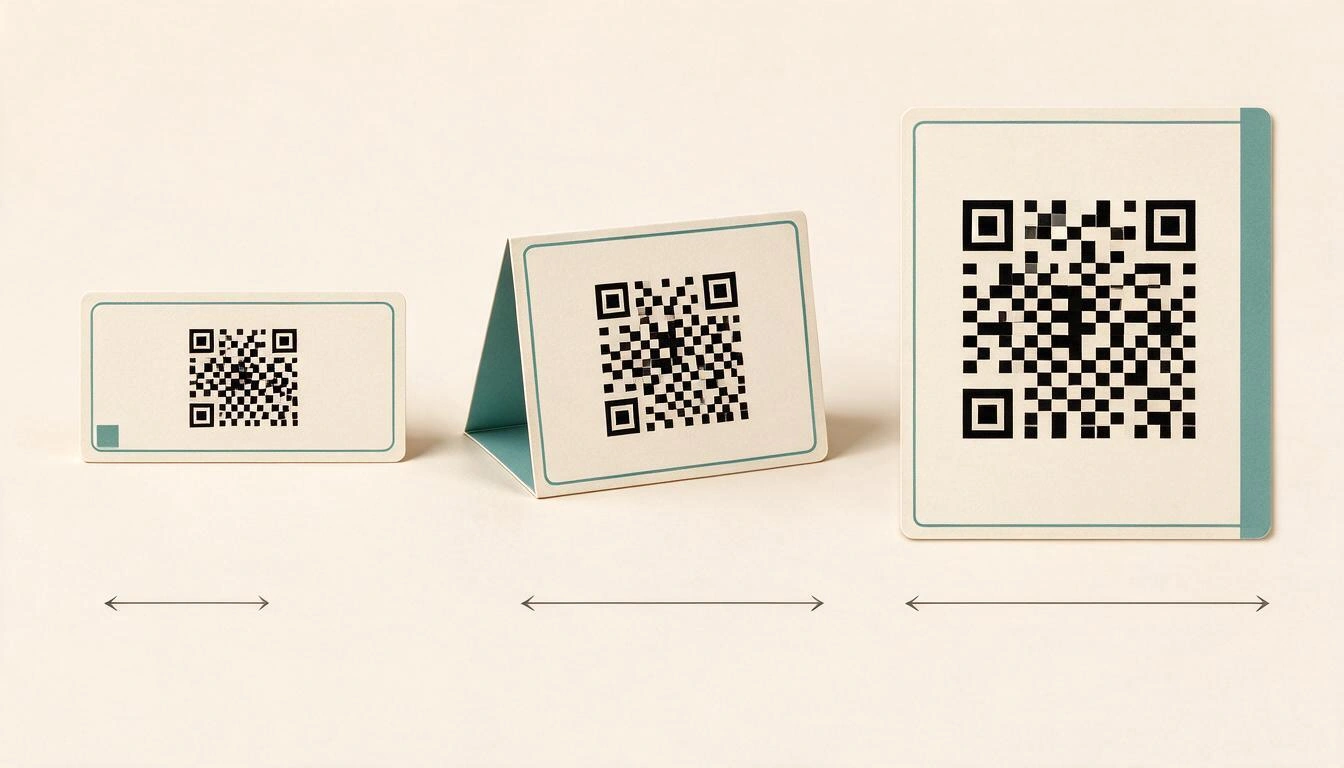Comparison of three printed supports with increasingly sized QR codes: business card, table easel, and display poster, with arrows indicating the scanning distance