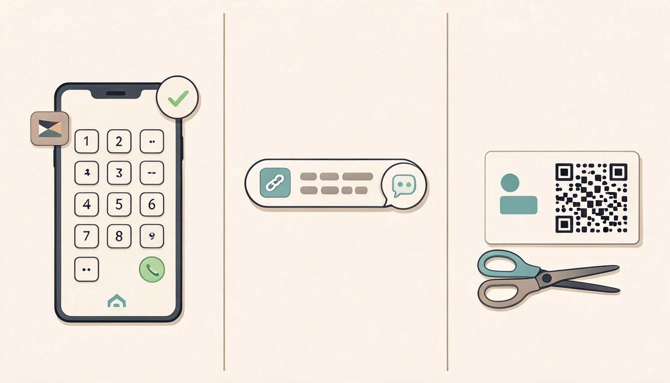 Diagram of three steps: validate the number with country prefix, convert it into a link with predefined message and export the QR code for printing