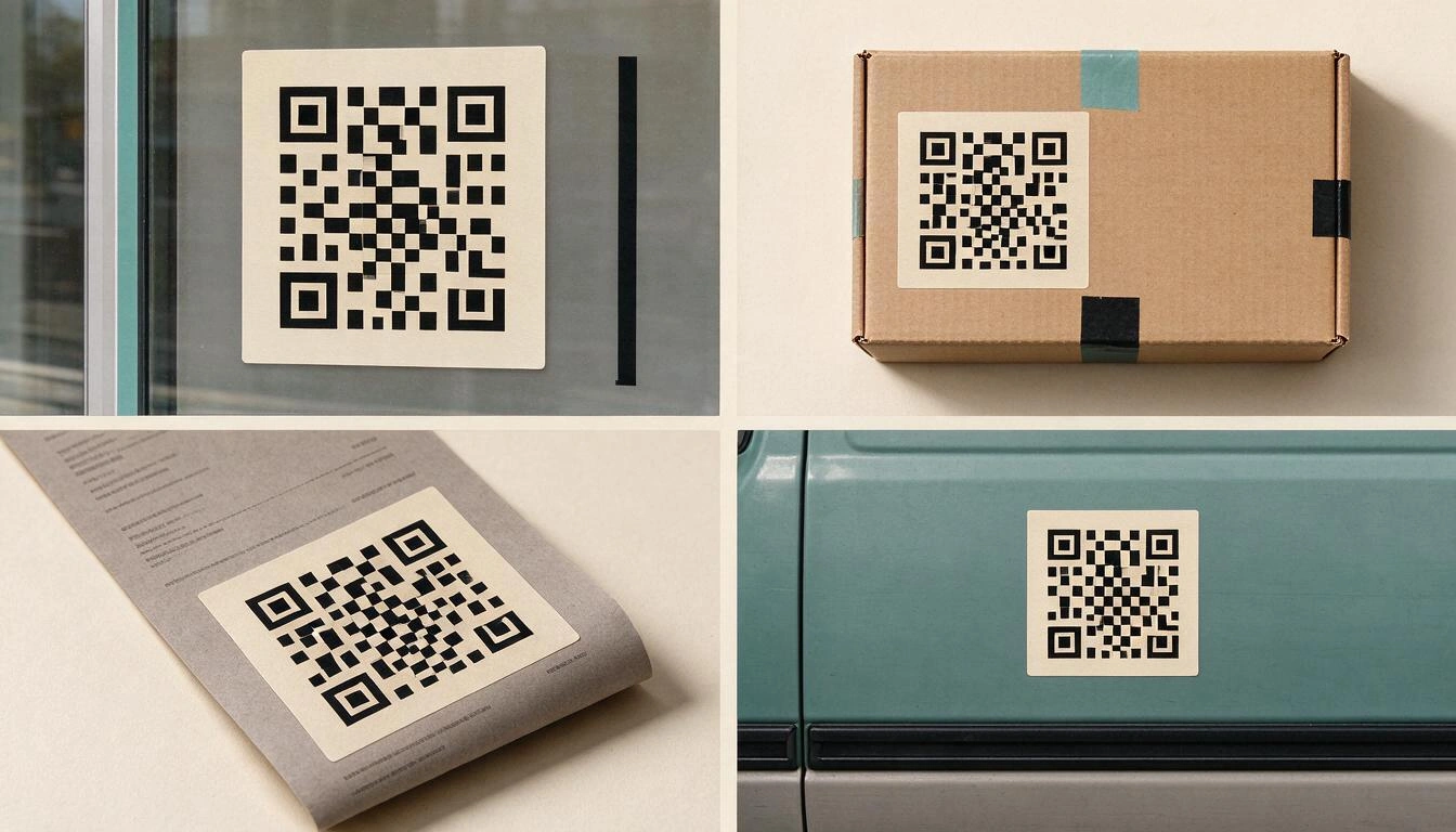 Four common locations for a contact QR code: display vinyl, package label, purchase ticket, and sticker on a van door